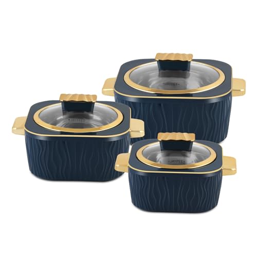 JAYPEE Crinkle Klass Inner Stainless Steel Casserole Set of 3(1000+1500+2000) ml PUF Insulated Gold Finish Handle Lockable Lid BPA Free Hot Box for Kitchen Roti Box Hot Pot Serving Casserole,White|B0GN2GCCRS