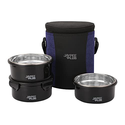 Jaypee Plus Microplus 400 ml Each Stainless Steel Office Lunch Box | BPA Free, Microwave Safe & Spillproof Airtight 2 Containers | Including Insulated Bag | Ideal for College & School (Black)|B0DC4GDX6F