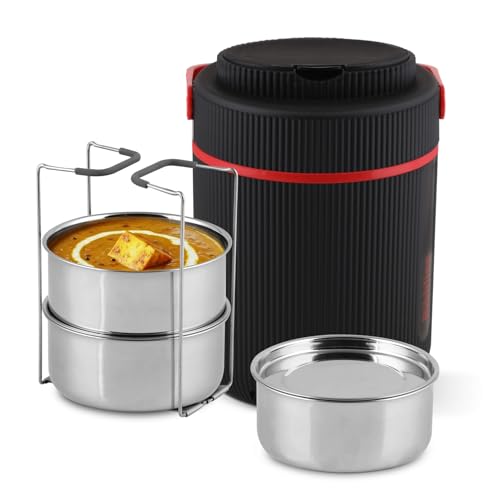 Jaypee Plus Ribbline Electric Lunch Box with 3 Stainless Steel Container (500 ml x3) Office Lunch Box for Men & Women with Spoon, 1 Small Box Leakproof Tiffin Box for Reheating Food,Mirror Grey|B0GQC1Z2LH
