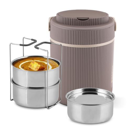 Jaypee Plus Ribbline Electric Lunch Box with 3 Stainless Steel Container (500 ml x3) Office Lunch Box for Men & Women with Spoon, 1 Small Box Leakproof Tiffin Box for Reheating Food,Mirror Grey|B0GQC1Z2LH