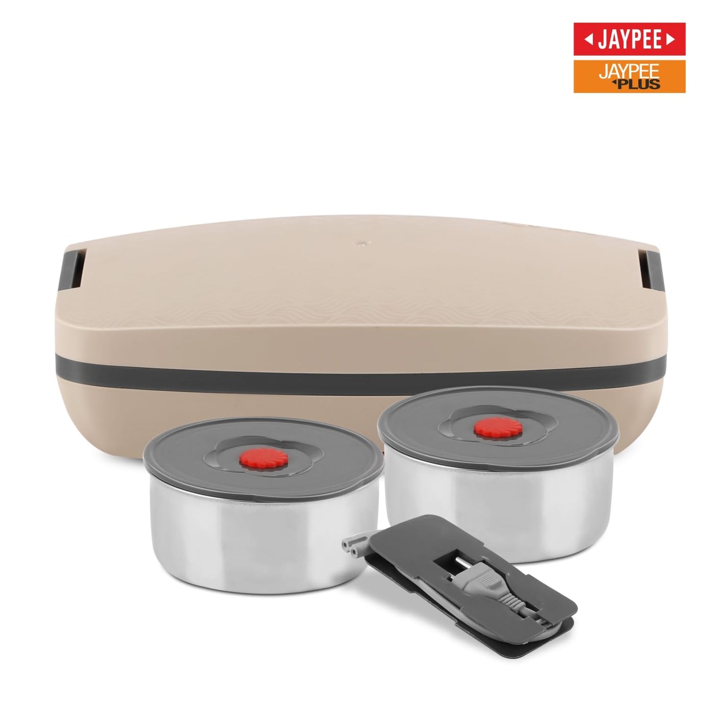 Jaypee Plus Hotpot Electric Lunch Box with 2 Removable Stainless Steel Containers 250 ml x2 with Power Cord |Air Vent on Lid |Leakproof Silicon Seal|LED Indicator |Shockproof | Beige