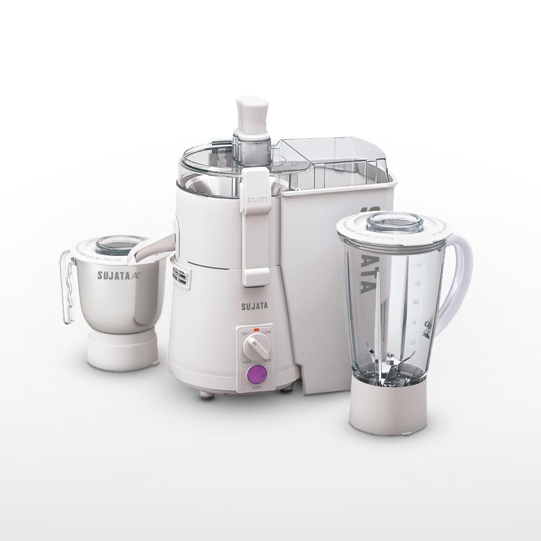 Sujata Powermatic Plus Juicer Mixer Grinder|900 Watts Double Ball Bearing Motor|22000 RPM|Non-Stop 90 Mins Running|2 Jars including 1750ml Blender, 1000ml Grinder Jar| (White)