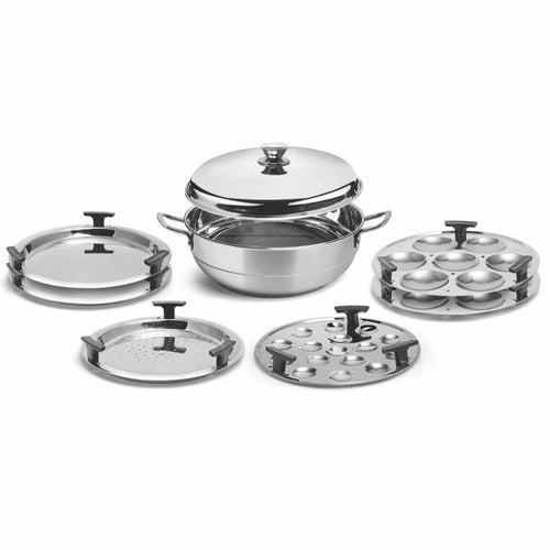 SIGNORA WARE All-Rounder Multipurpose Deluxe Kadhai(Heavy Weight)Induction Friendly Stainless Steel Induction Bottom(7Pcs -6 Plates,2 Big Idli,2 Dhokla,1 Patra Plate & 1 Mini Idli Plate),Silver,320 ML