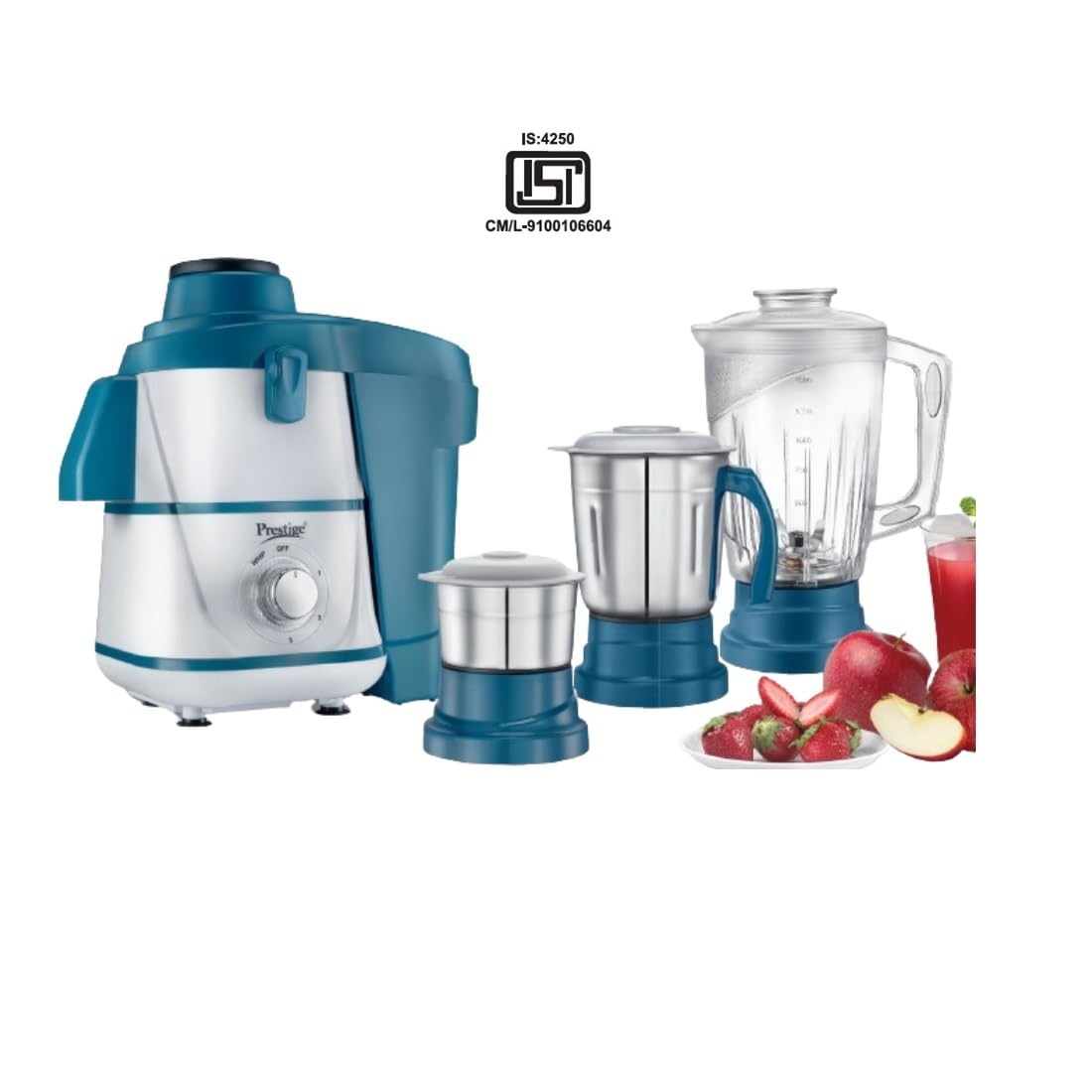 Prestige Breeze 500W 3 Jars Juicer Mixer Grinder|2 Stainless Steel Jars & 1 Juicer Jar|Detachable Pulp Collector|Double Lock System|Efficient Stainless Steel Sieve|Juice Outlet|Blue & White