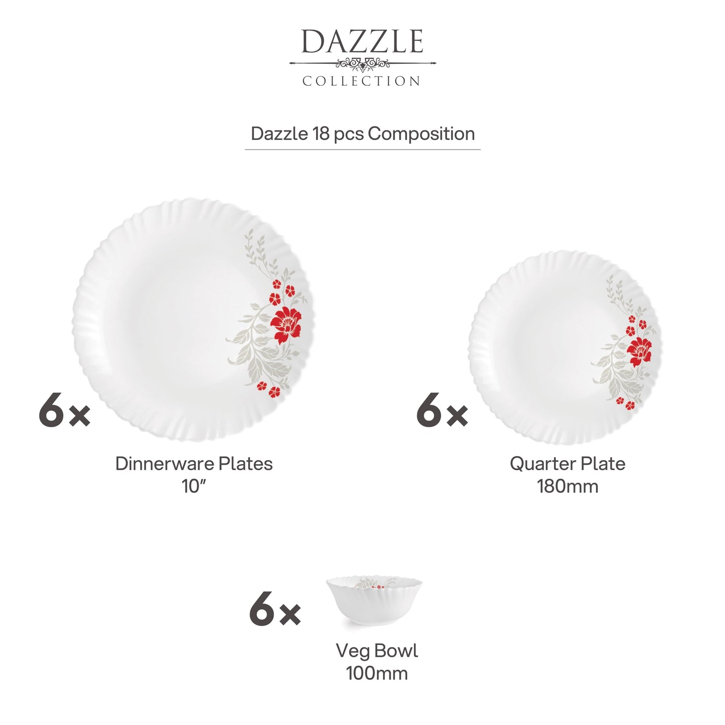 CELLO Scarlet Bliss Dazzle Series Opalware Dinner Set of 18 Pieces for Family of 6 | Bone-Ash Free & Leadfree Opal Glass, Microwave & Dishwasher Safe, Plates & Bowls Crockery Set for Dining & Gifting