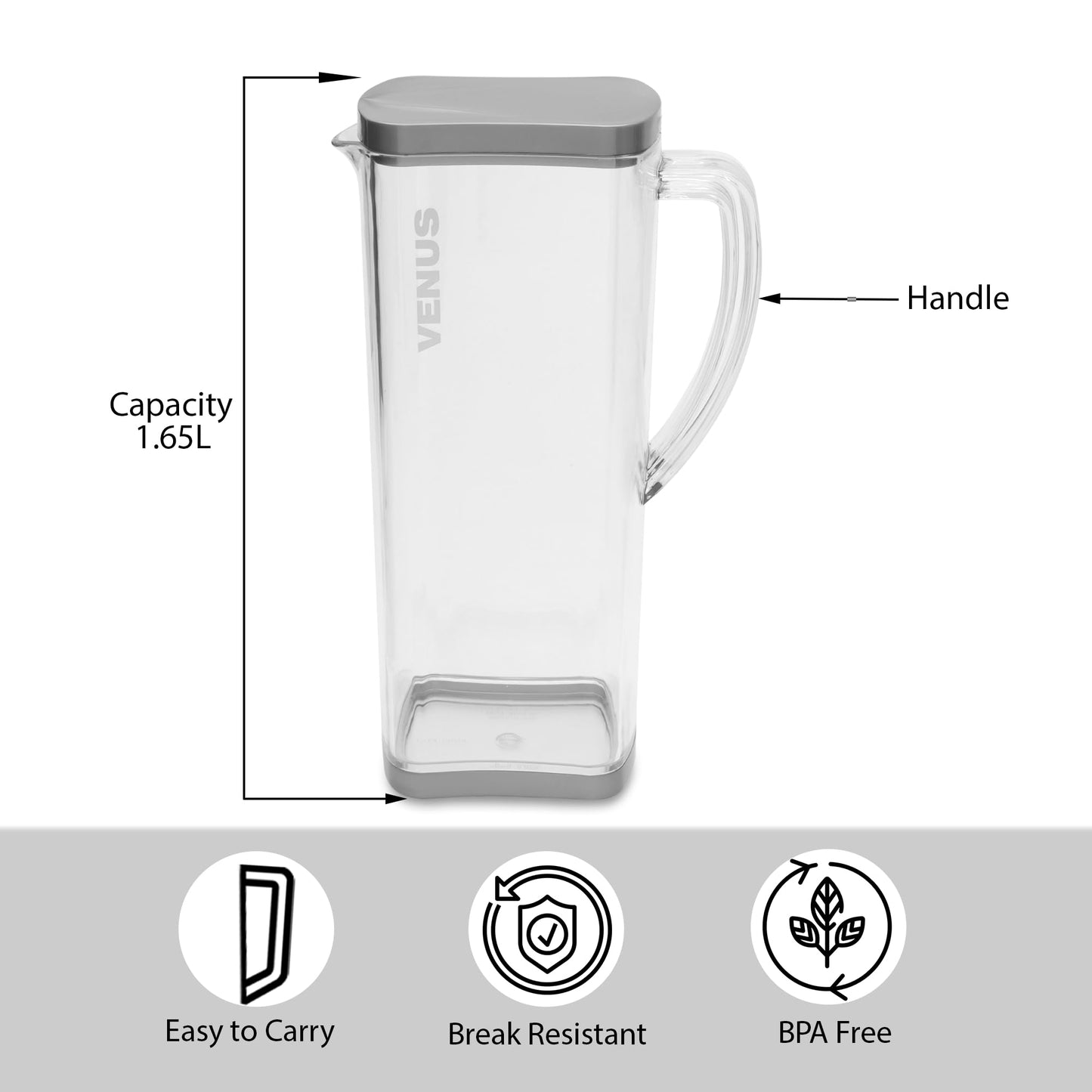 Jaypee Plus Venus Unbreakable Water Jug 1.65 Litre Easy Pour Spout & Strong Handle |Wide Mouth BPA Free Food Grade Transparent Multipurpose Jug for Milk, Juice, Beverage, Lassi, Cocktail, Silver