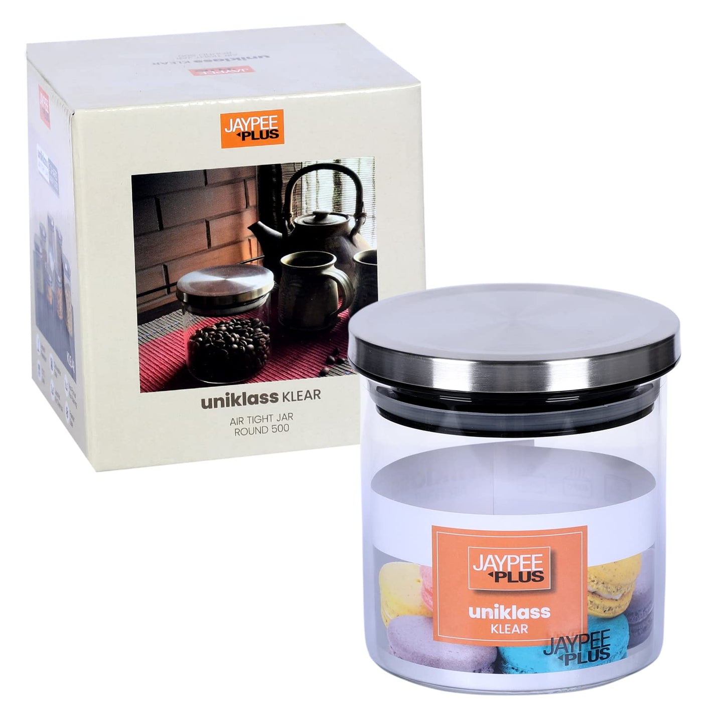 Jaypee Plus Uniklass Klear Round Borosilicate Kitchen Storage Jar Container With Airtight Lid for Cookies Snacks Pulses Dry Fruits |Stackable |Odour Safe |Microwave safe|Food grade|490 ml,Transparent