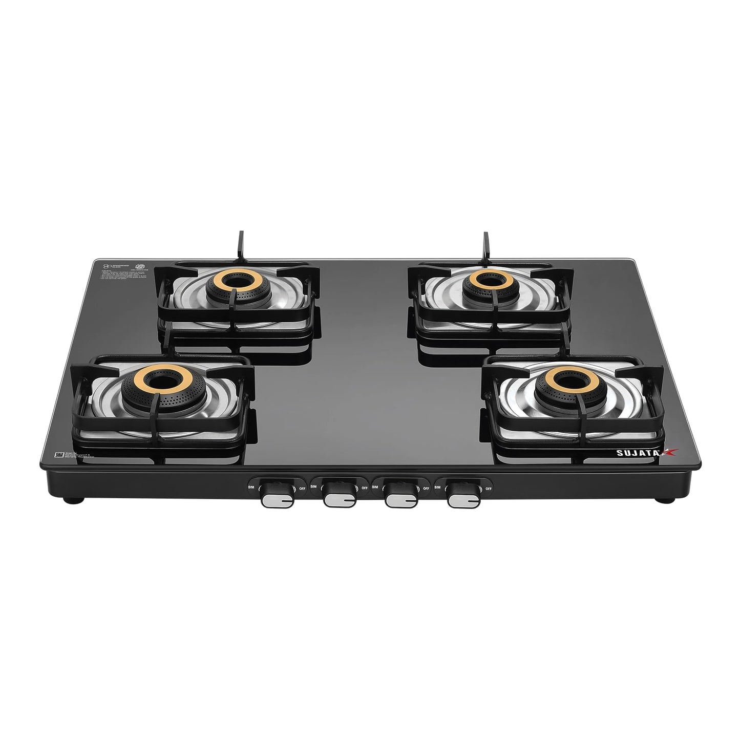 Sujata Gas Stove 3 Burner | Classic Gas Stove Manual Ignition | 9 Years Warranty | 3 Burner Gas Stove Glass Top | SABAF | ISI Certified | LPG & PNG Compatible With Jumbo Brass Burner (Black)