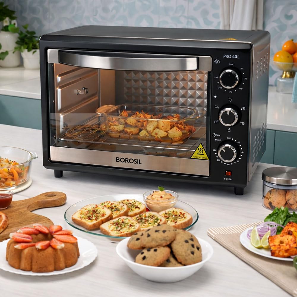 Borosil Pro 40L Oven Toaster Griller | 1800W BIS Approved Made in India Convection OTG with Motorized Rotisserie | 6 Heating Modes | Adjustable Temperature Control | Steel Body | 2 Years Warranty
