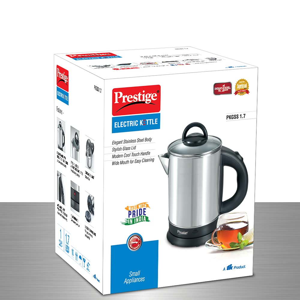 Prestige 1.7L PKGSS Stainless Steel Electric Kettle | 1350 Watts | Glass Lid with heat resistent handle | Single Touch lid locking |Automatic Cut Off | Silver