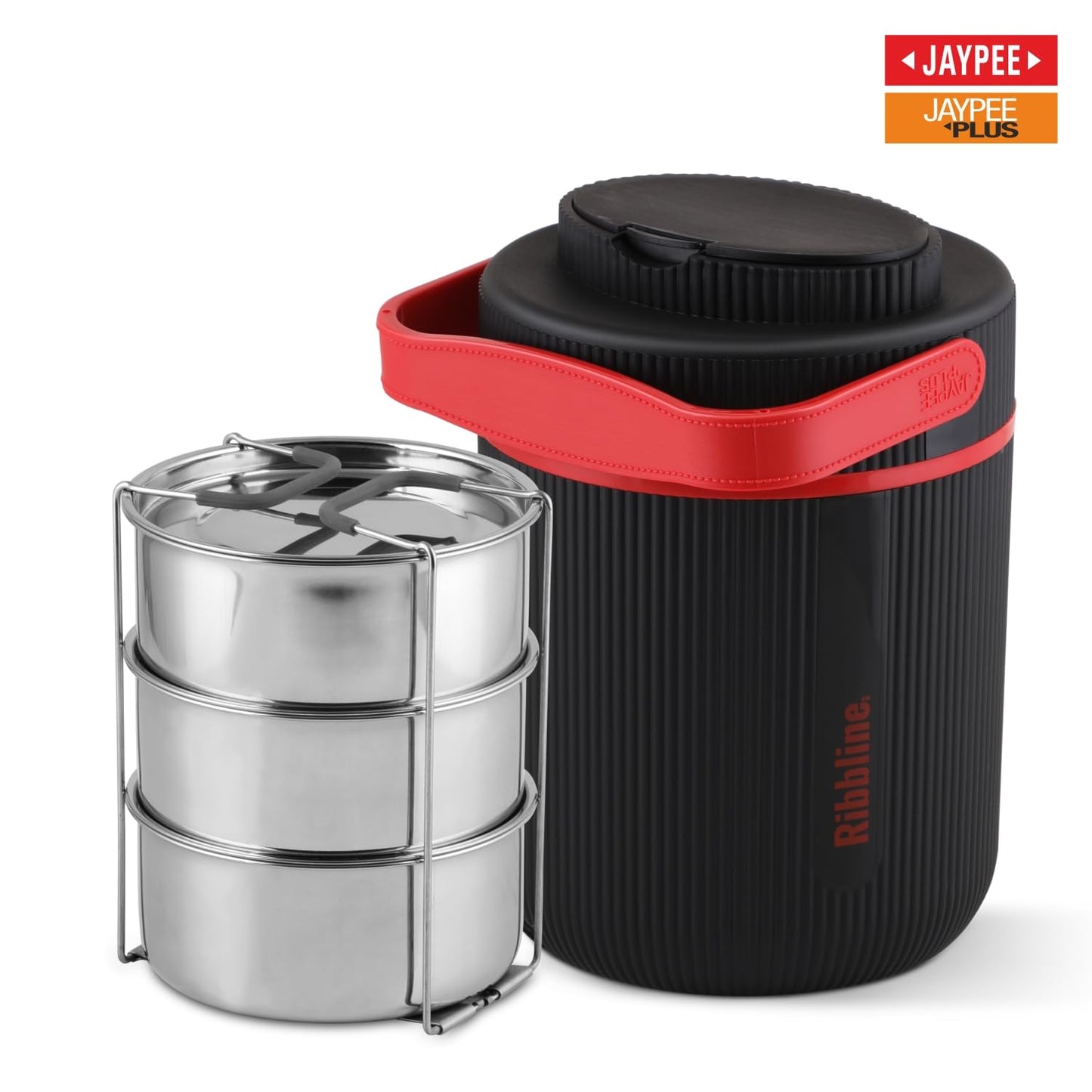 Jaypee Plus Ribbline Electric Lunch Box with 3 Stainless Steel Container (500 ml x3) Office Lunch Box for Men & Women with Spoon, 1 Small Box Leakproof Tiffin Box for Reheating Food,Black