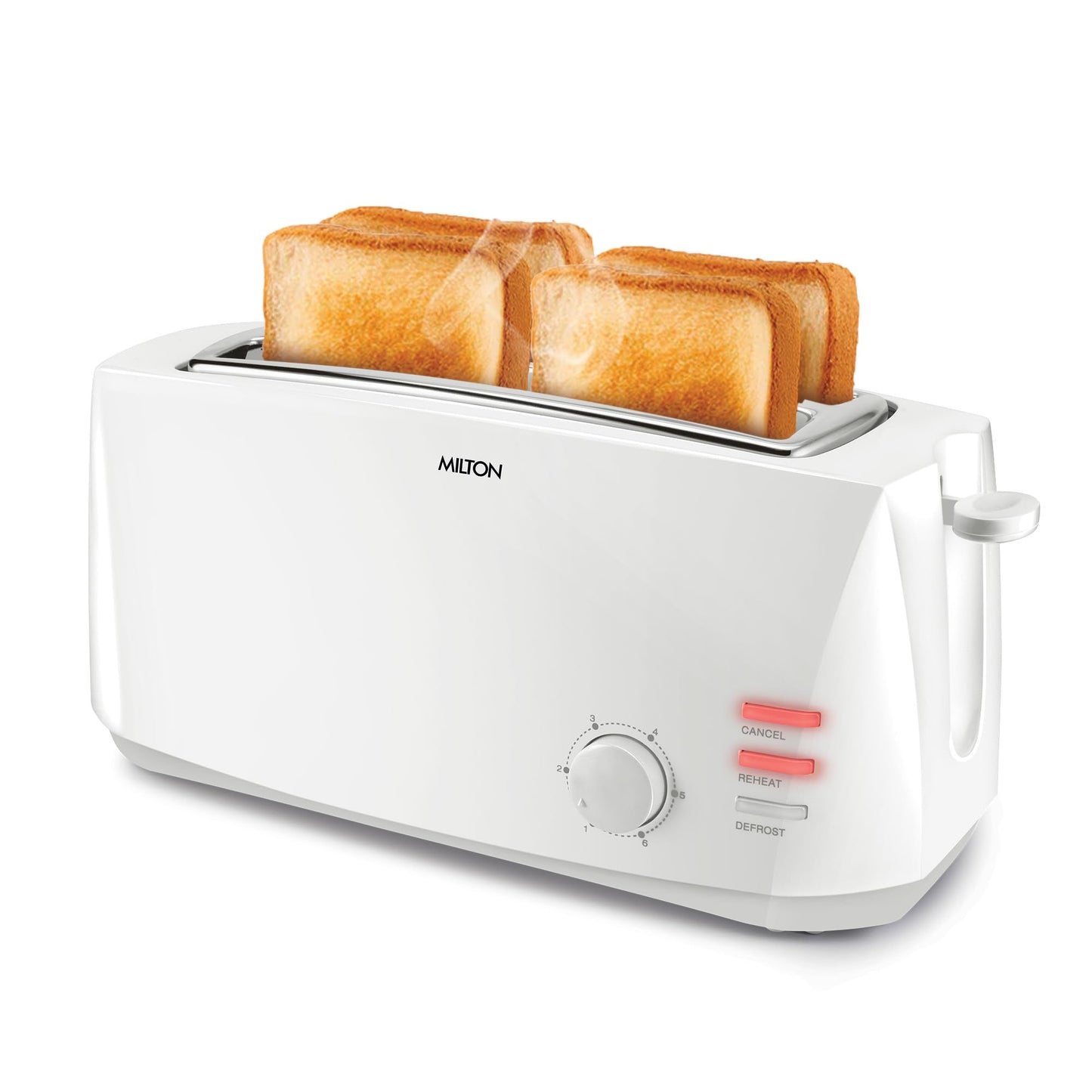 MILTON Appliances Gold Crust 4-Slice Auto Pop-Up Toaster 1400W | 6 Browning Options for Golden Crispy Bread Toasts | Removable Crumb Tray | Reheat & Defrost Modes | Bread Toaster | 2Y Warranty | White
