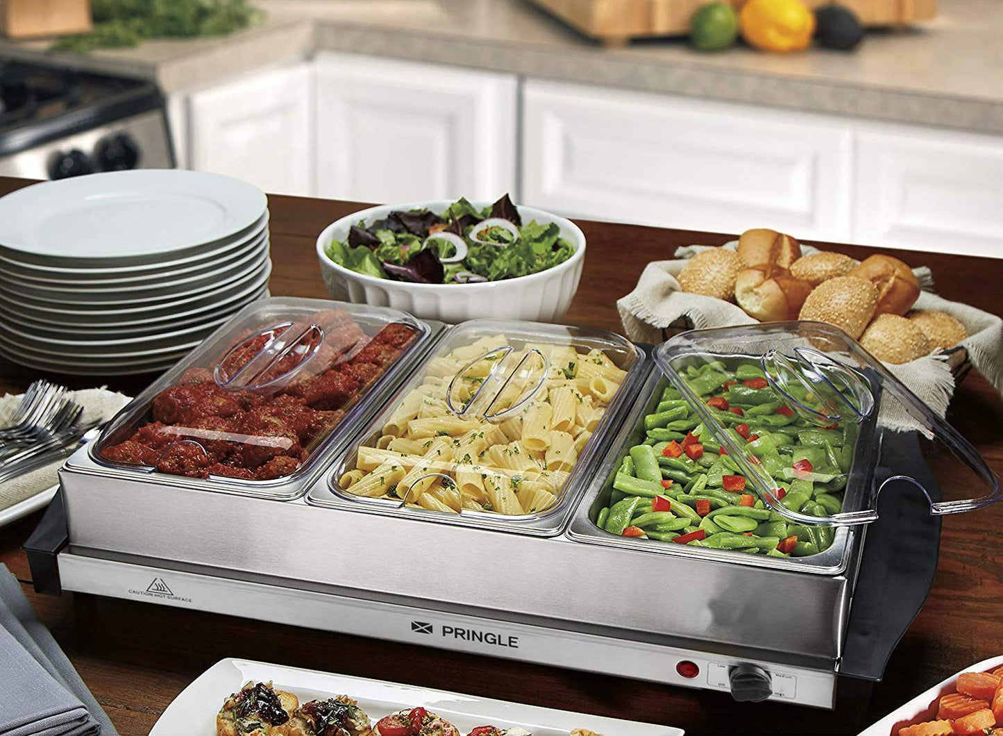 Pringle FW1803 4.5 Litre Electric Food Warmer Cum Buffet Server with 3 Pans (3x1.5 L, Silver) (4.5L Food Warmer)