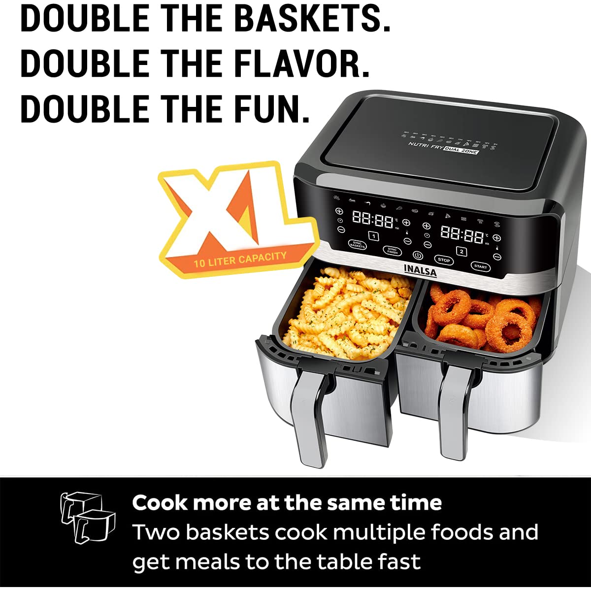 INALSA Air Fryer Nutri Fry Dual Zone-2100 W 10L with Sync Basket & Finish Features 11 Versatile Programs Touch Control & Digital Display Variable Temperature Control 2 Year Warranty