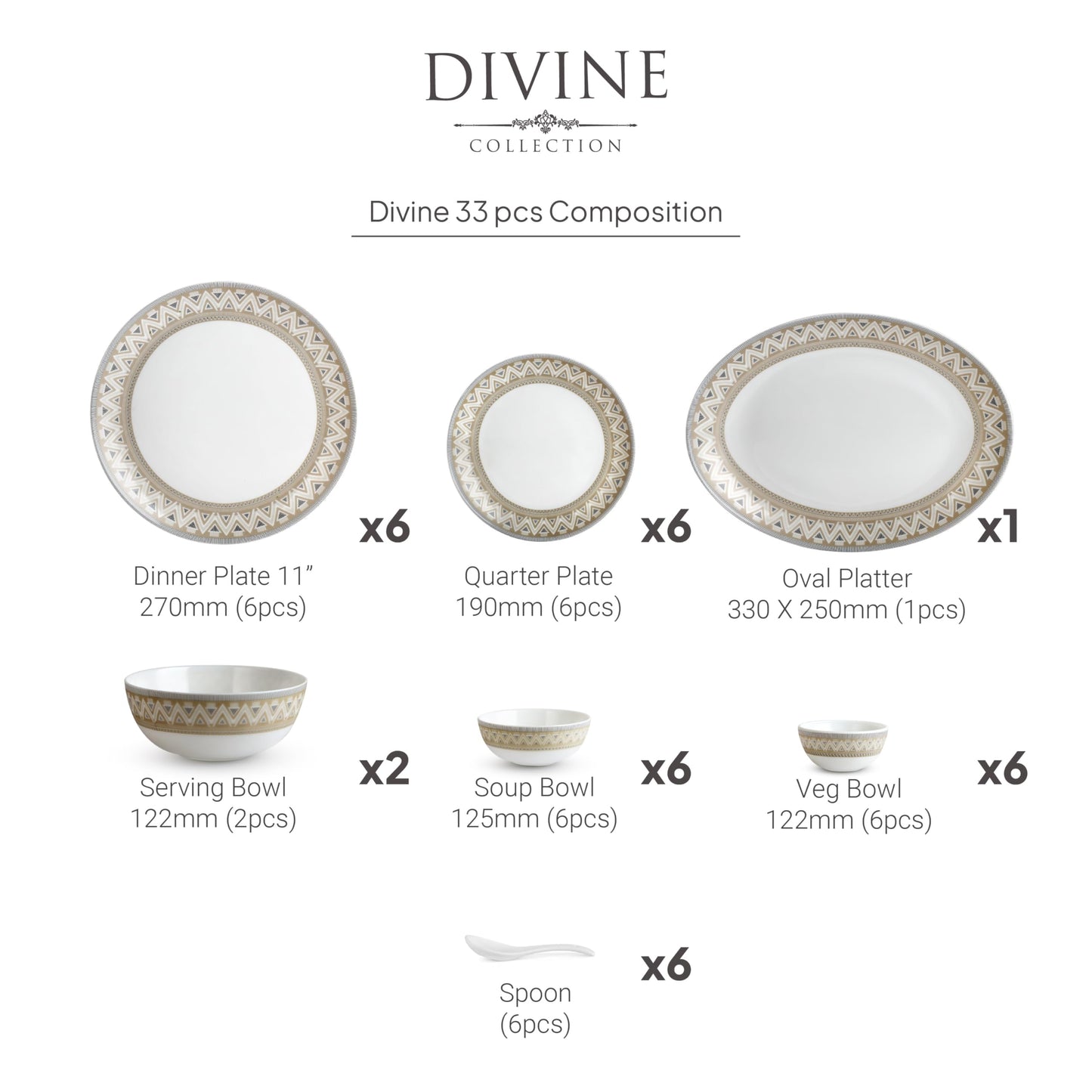 Cello Opalware Divine Series Trinity 33 Pieces Dinner Set | Opal Glass Crockery for 6 | Bone Ash-Free, Lightweight, Elegant White Plate & Bowl Set |Opalglass Dinner Set for Daily Use & Gifting