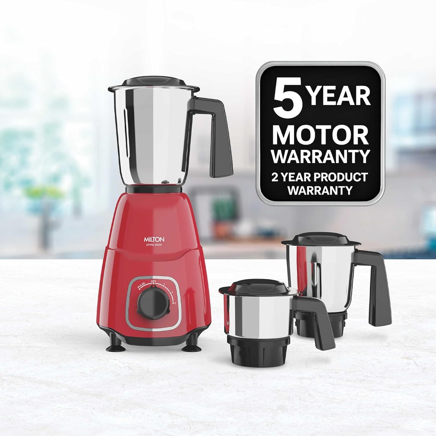 Milton Spire Mixer Grinder, ISI Certified, Grindstone Blade Technology, 3 Jar, 550 W (21000 RPM), 5 yr motor warranty, 2 yr product warranty I Red