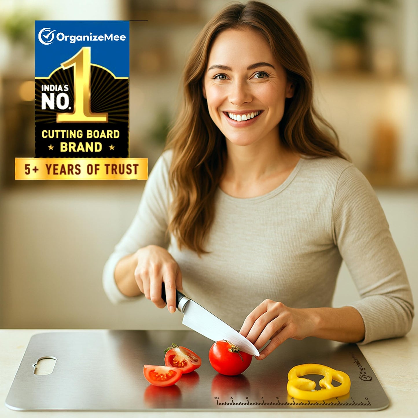 OrganizeMee Stainless Steel Chopping Board Large for Kitchen - Premium Cutting Board Vegetable and Fruit Cutter Chopper, Heavy-Duty Metal Chopping Board, Big Size Pad (36 cm X 25 cm)