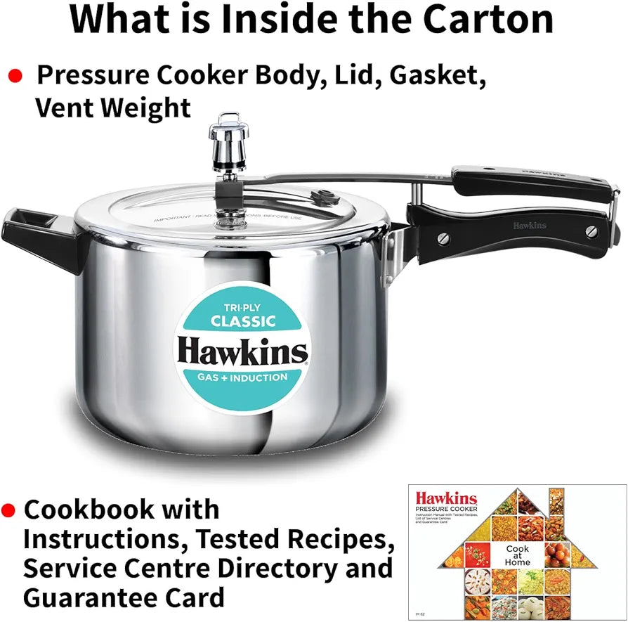 Hawkins Classic 5 Litre Tri-Ply Pressure Cooker, Triply Stainless Steel Inner Lid Cooker, Silver