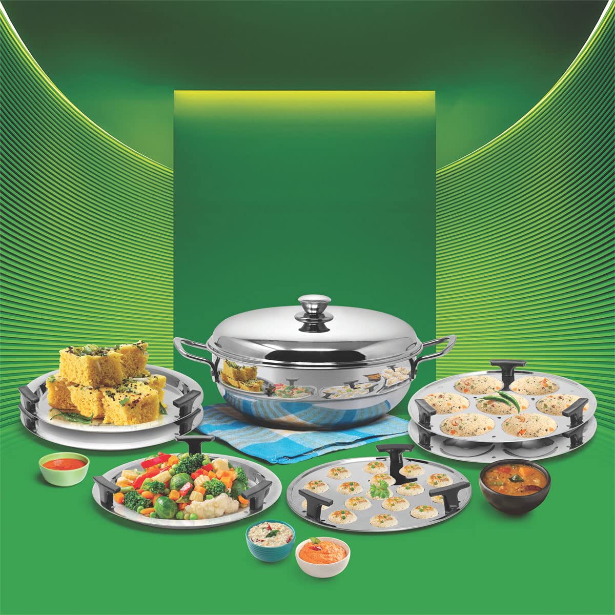 SIGNORA WARE All-Rounder Multipurpose Deluxe Kadhai(Heavy Weight)Induction Friendly Stainless Steel Induction Bottom(7Pcs -6 Plates,2 Big Idli,2 Dhokla,1 Patra Plate & 1 Mini Idli Plate),Silver,320 ML