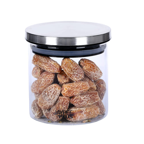 Jaypee Plus Uniklass Klear Round Borosilicate Kitchen Storage Jar Container With Airtight Lid for Cookies Snacks Pulses Dry Fruits |Stackable |Odour Safe |Microwave safe|Food grade|490 ml,Transparent
