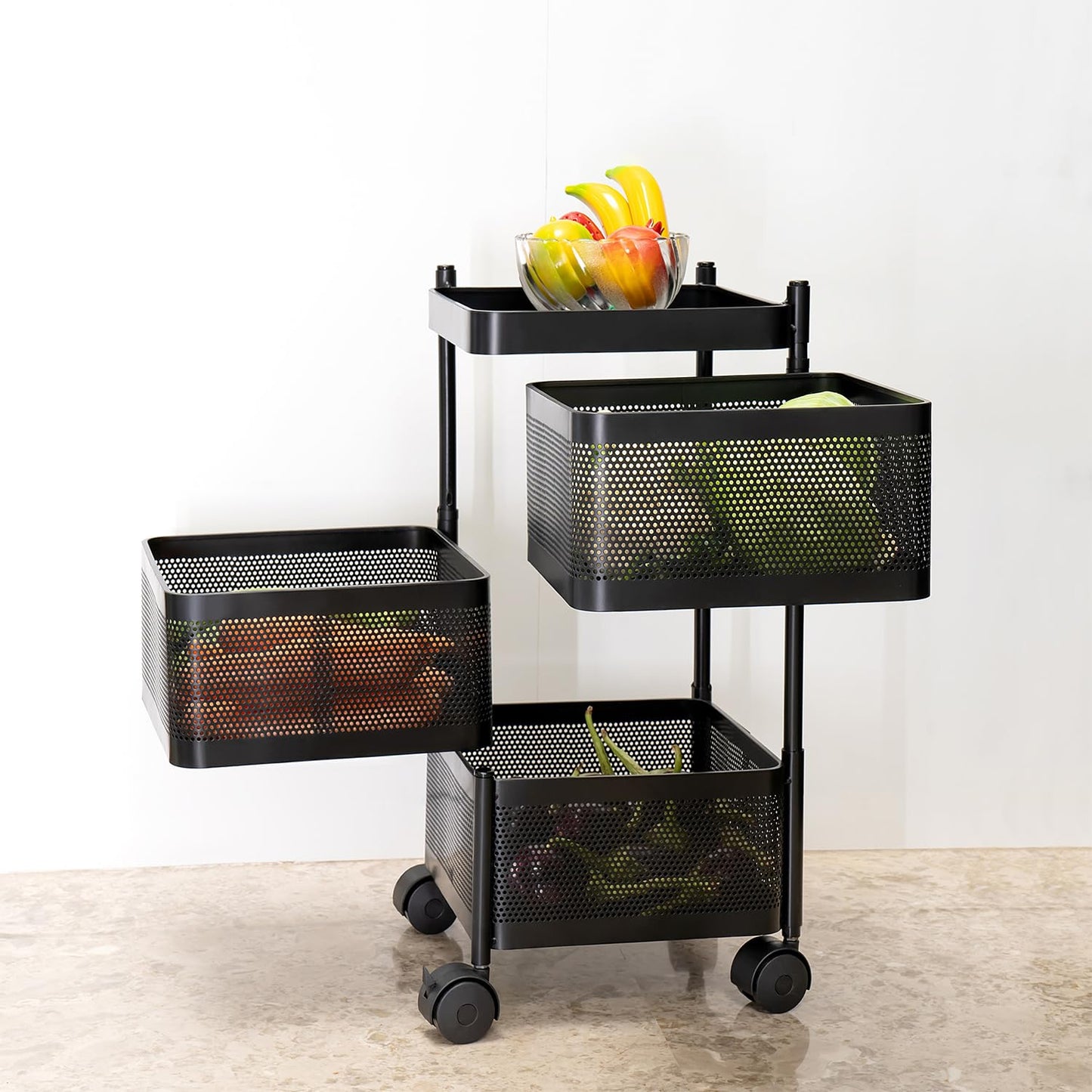 Kitchenwell Metal Multi-Purpose Trolley Storage Organizer and Kitchen Accessories Items for Kitchen Storage Rack Square Design Fruits & Vegetable Onion Cutlery (Matt Black, 3 Layer Drawer)