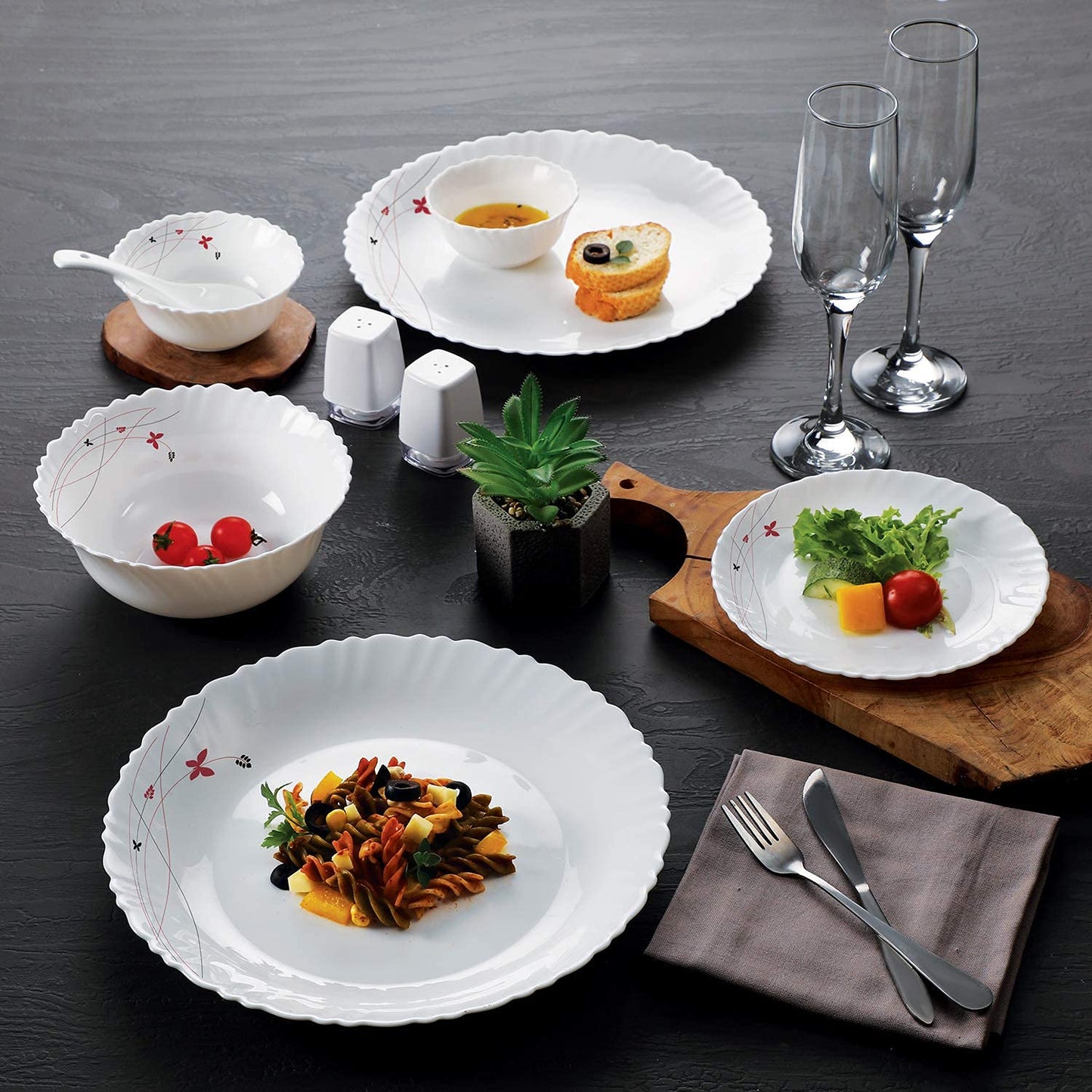Cello Opalware Dazzle Series Lush Fiesta 35 Piece Dinner Set Serving for 6 | Bone Ash-Free | Lightweight, Elegant White Plates & Bowls Set | Opal Glass Crockery Set for Daily Use Dinning & Gifting