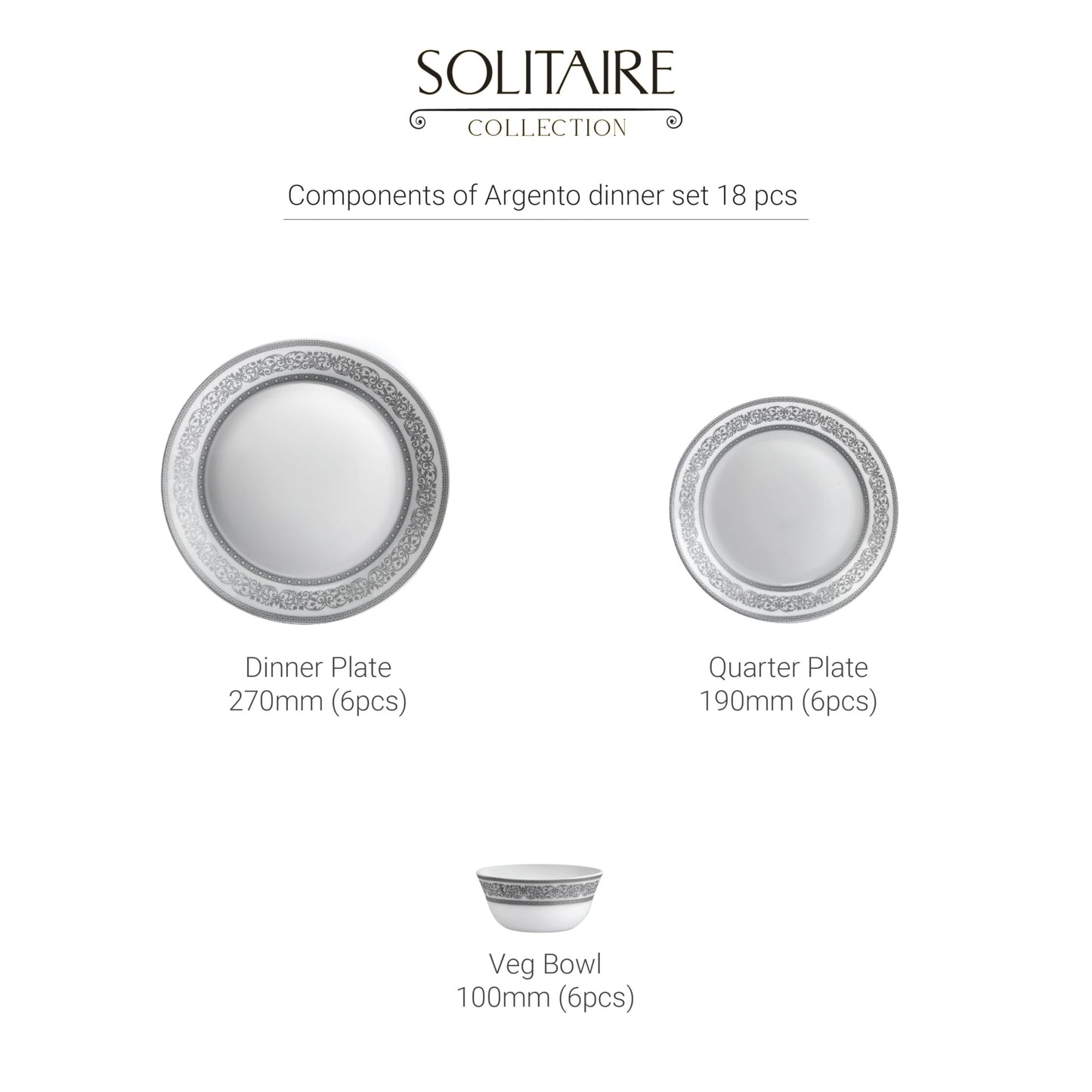 CELLO Argento Solitaire Series Opalware Dinner Set of 18 Pieces for Family of 6 | Bone-Ash Free & Leadfree Opal Glass Microwave & Dishwasher Safe, Crockery Plates & Bowls Set for Daily Use & Gifting