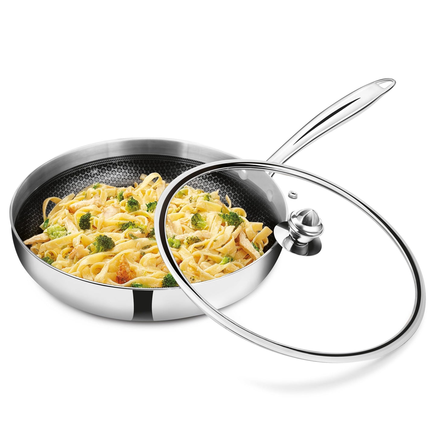 Milton Pro Cook Induction Cookware & Gas Stove Friendly Triply Hexa Tech Stainless Steel Frying Pan with Glass Lid 22cm, 1.3L | Honeycomb Non-Stick Fry Pan | Metal Spoon Friendly | 3Y Warranty |Silver