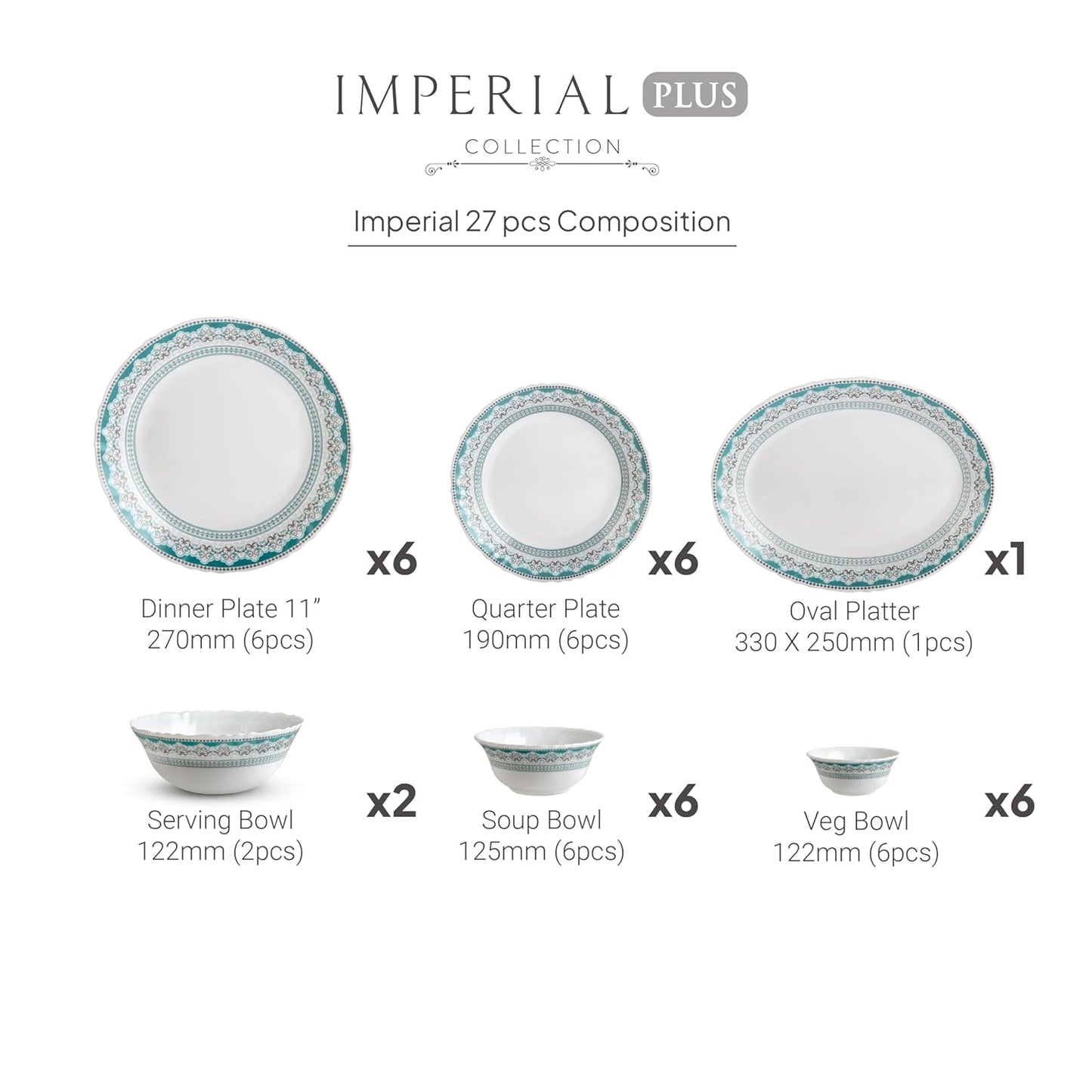 CELLO Celeste Imperial Plus Series Opalware Dinner Set of 27 Piece For Family of 6 | Bone-Ash Free & Leadfree Opal Glass Microwave & Dishwasher Safe Crockery Plates & Bowls Set For Daily Use & Gifting
