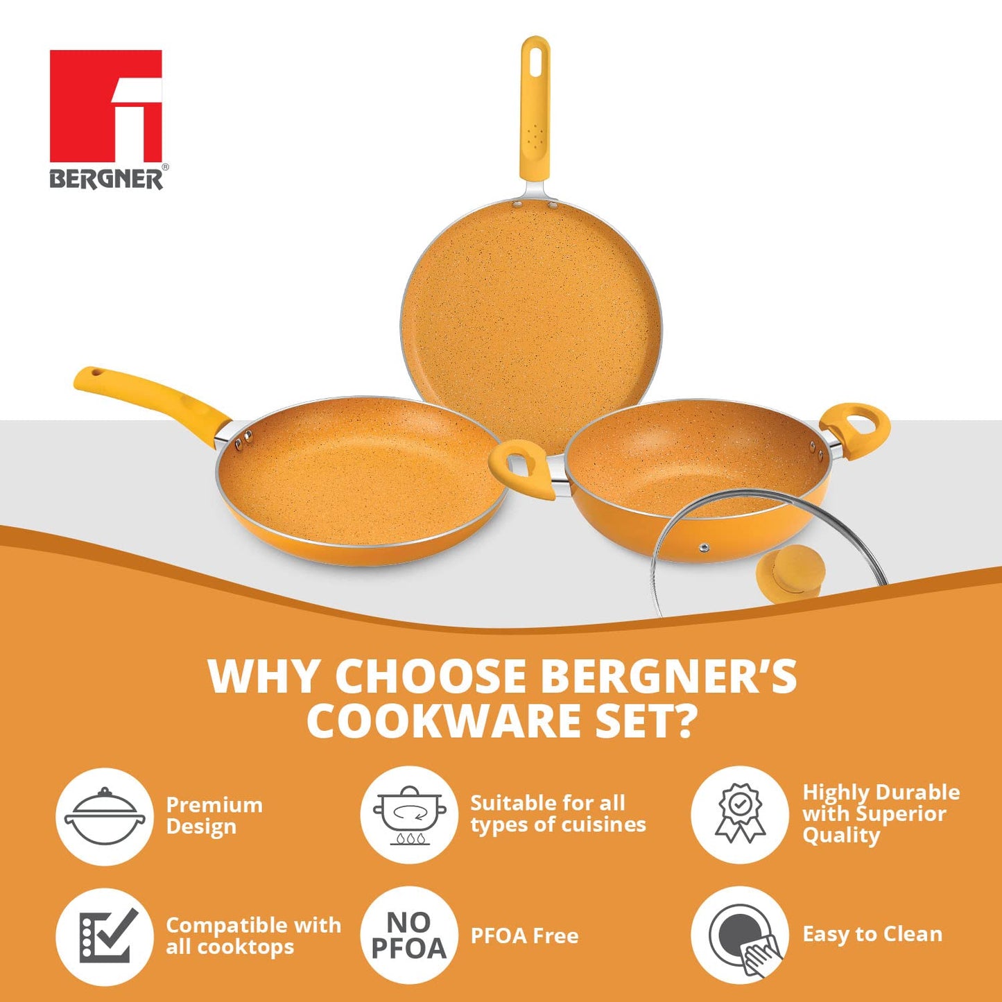 BERGNER Aluminium Jazz Non Stick Cookware Set 4Pc-Kadhai with Glass Lid 24Cm, Dosa Tawa 28Cm, Frypan 24Cm with Induction Compatible, Soft Touch Handles, Pfoa Free, Yellow