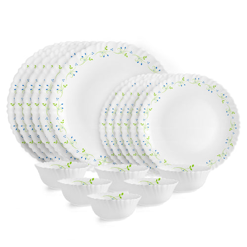 CELLO Tropical Lagoon Dazzle Series Opalware Dinner Set of 18 Pieces For Family of 6 | Bone-Ash Free & Leadfree Opal Glass, Microwave & Dishwasher Safe Plates & Bowls Crockery Set For Dining & Gifting