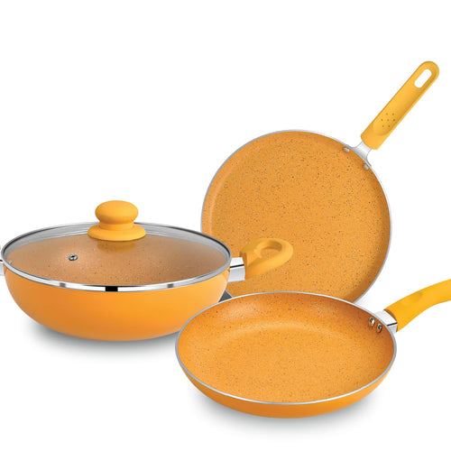 BERGNER Aluminium Jazz Non Stick Cookware Set 4Pc-Kadhai with Glass Lid 24Cm, Dosa Tawa 28Cm, Frypan 24Cm with Induction Compatible, Soft Touch Handles, Pfoa Free, Yellow