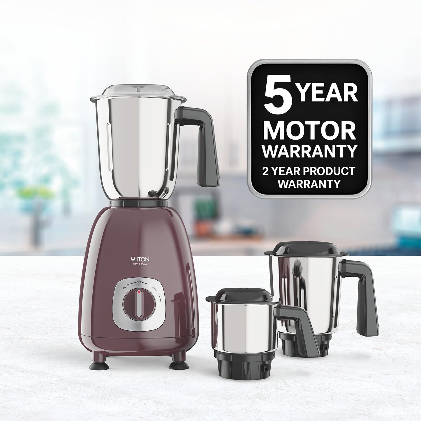 Milton Artis Mixer Grinder, ISI Certified, Grindstone Blade Technology, 3 Jar, 800 W (21000 RPM), 5 yr motor warranty, 2 yr product warranty I Wine