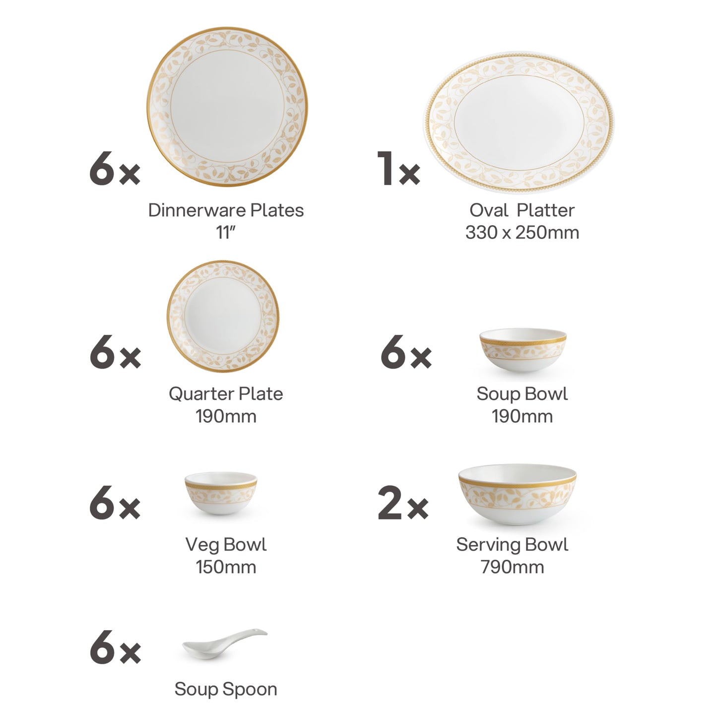 CELLO Royal Amber Gold Divine Series Opalware Dinner Set of 33 Pieces for Family of 6 | Bone-Ash Free & Leadfree Opal Glass Microwave & Dishwasher Safe Crockery Plate Bowl Set for Daily Use & Gifting