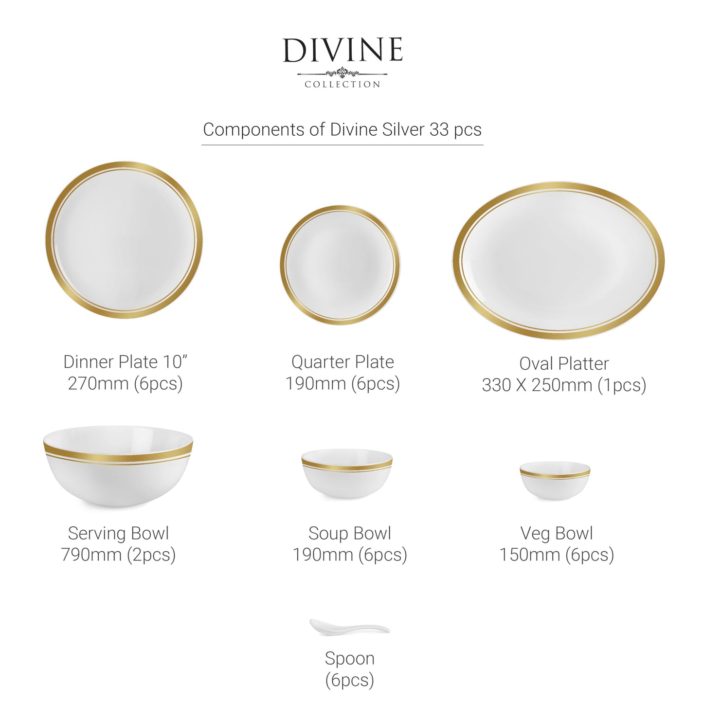 Cello Opalware Divine Gold Lines Dinner Set, 33 Units | Microwave & Dishwasher Safe | Light-Weight & Thermal Resistant | Crockery Set for Dining & Gifting