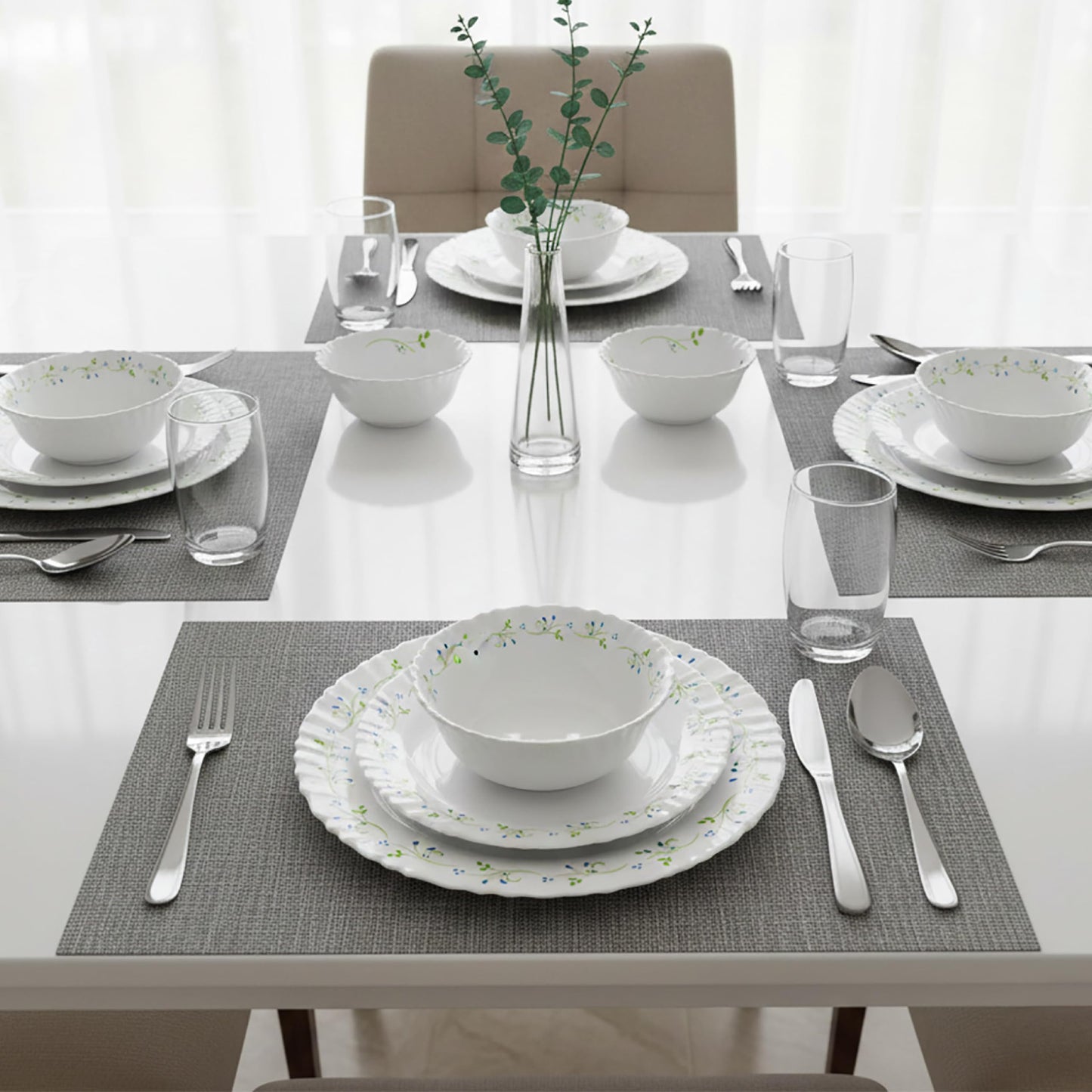 CELLO Tropical Lagoon Dazzle Series Opalware Dinner Set of 18 Pieces For Family of 6 | Bone-Ash Free & Leadfree Opal Glass, Microwave & Dishwasher Safe Plates & Bowls Crockery Set For Dining & Gifting