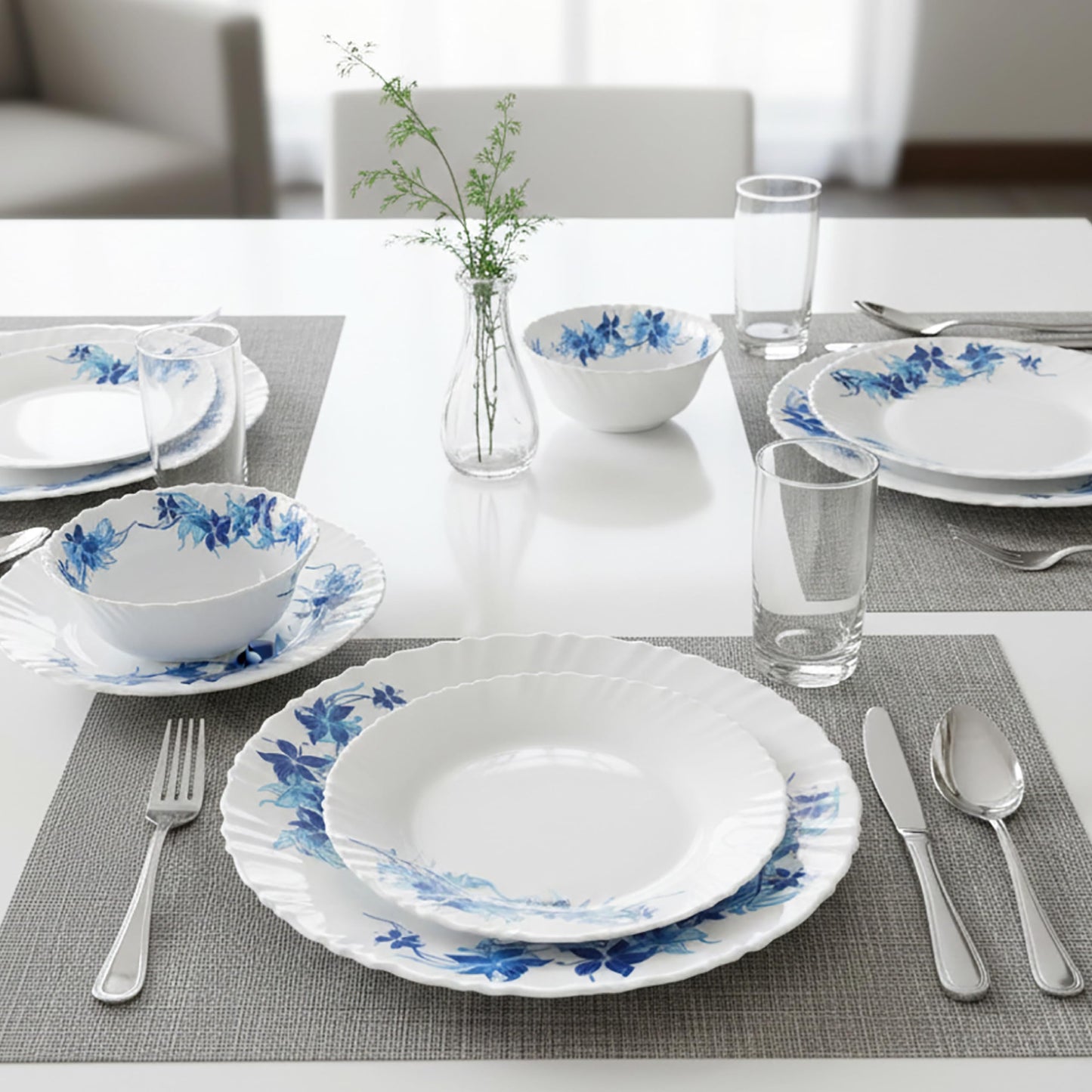 CELLO Blue Swirl Dazzle Series Opalware Dinner Set of 18 Pieces for Family of 6 | Bone-Ash Free & Leadfree Opal Glass, Microwave & Dishwasher Safe, Plates & Bowls Crockery Set for Dining & Gifting