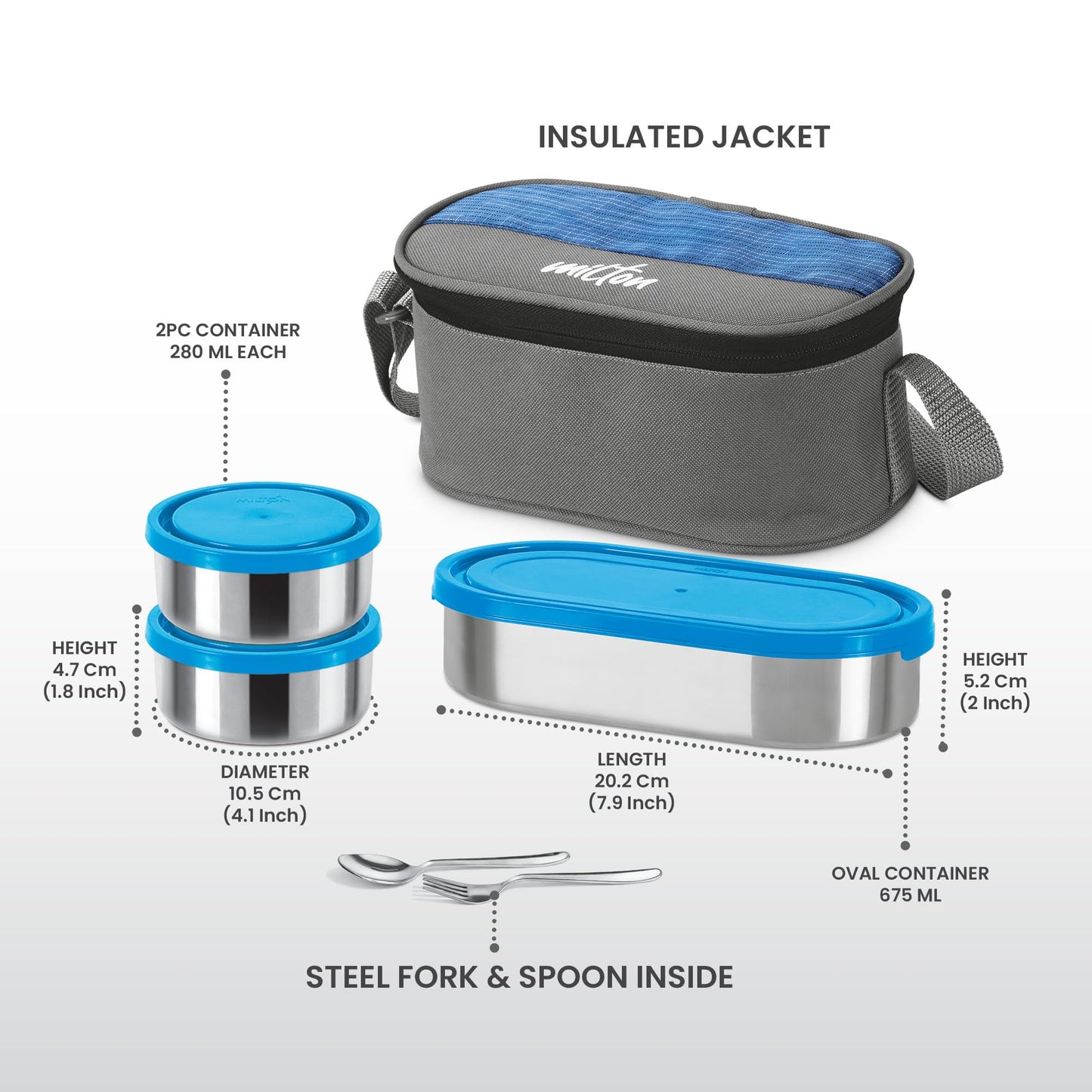 MILTON Master Lunch Max (3 Microwave Safe Inner Steel Containers,1 x 675 ml, 2 X 280 ml Each) with Insulated Fabric Jacket, Blue | Lunch Box | Light Weight | Leak Proof | Easy to Carry | Food Grade