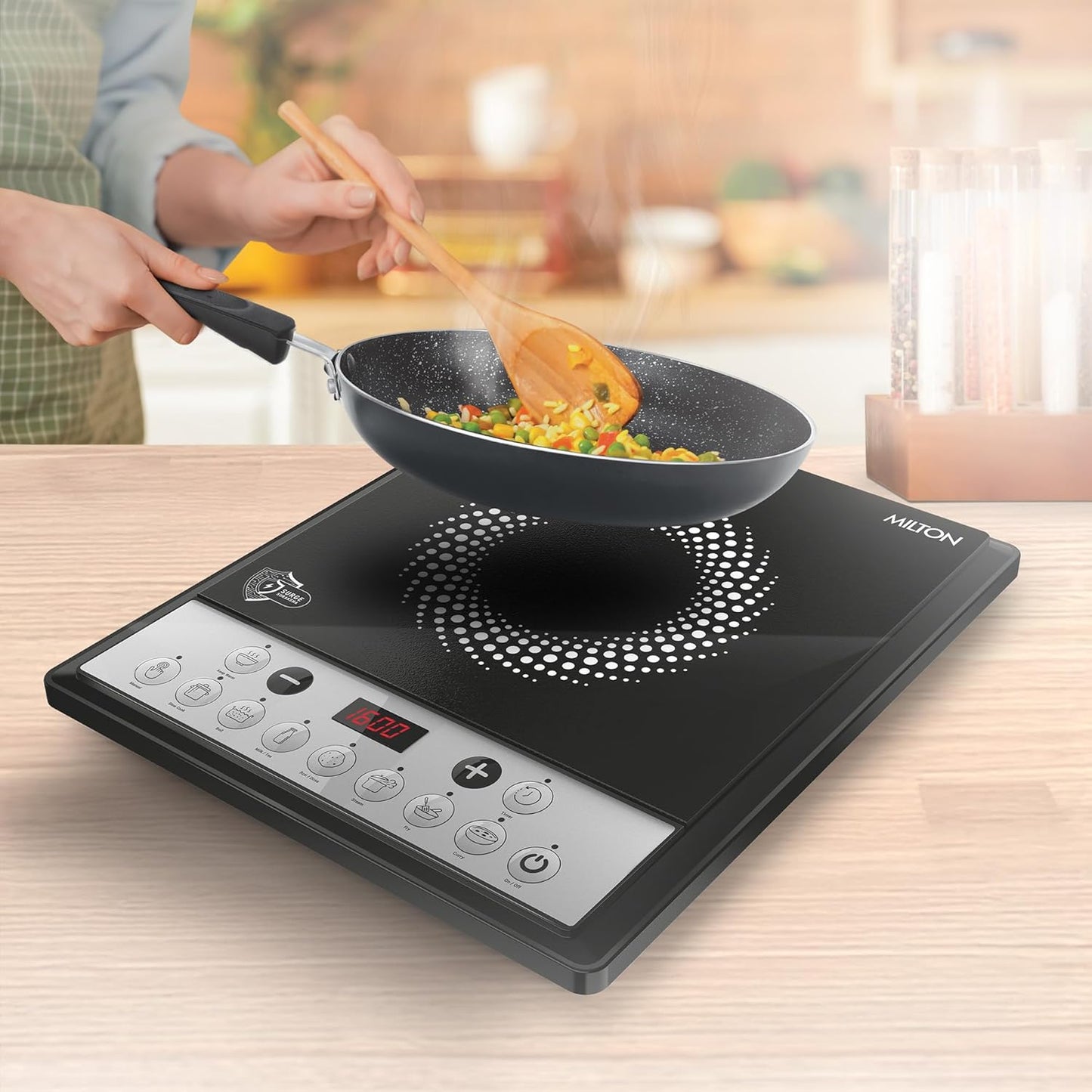 Milton Euroline Elio 16.0 Portable 1600 W Induction Cooktop | LED Display Panel, 5KV Surge Protection | Timer & Preset Menu Functions | Soft Touch Buttons | Fast Cooking | 3-Year Warranty on Coil