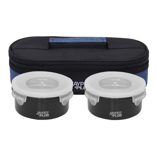 Jaypee Plus Microplus 400 ml Each Stainless Steel Office Lunch Box | BPA Free, Microwave Safe & Spillproof Airtight 2 Containers | Including Insulated Bag | Ideal for College & School (Black)|B0DC4GDX6F