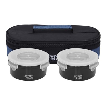 Jaypee Plus Microplus 400 ml Each Stainless Steel Office Lunch Box | BPA Free, Microwave Safe & Spillproof Airtight 2 Containers | Including Insulated Bag | Ideal for College & School (Black)|B0DC4GDX6F