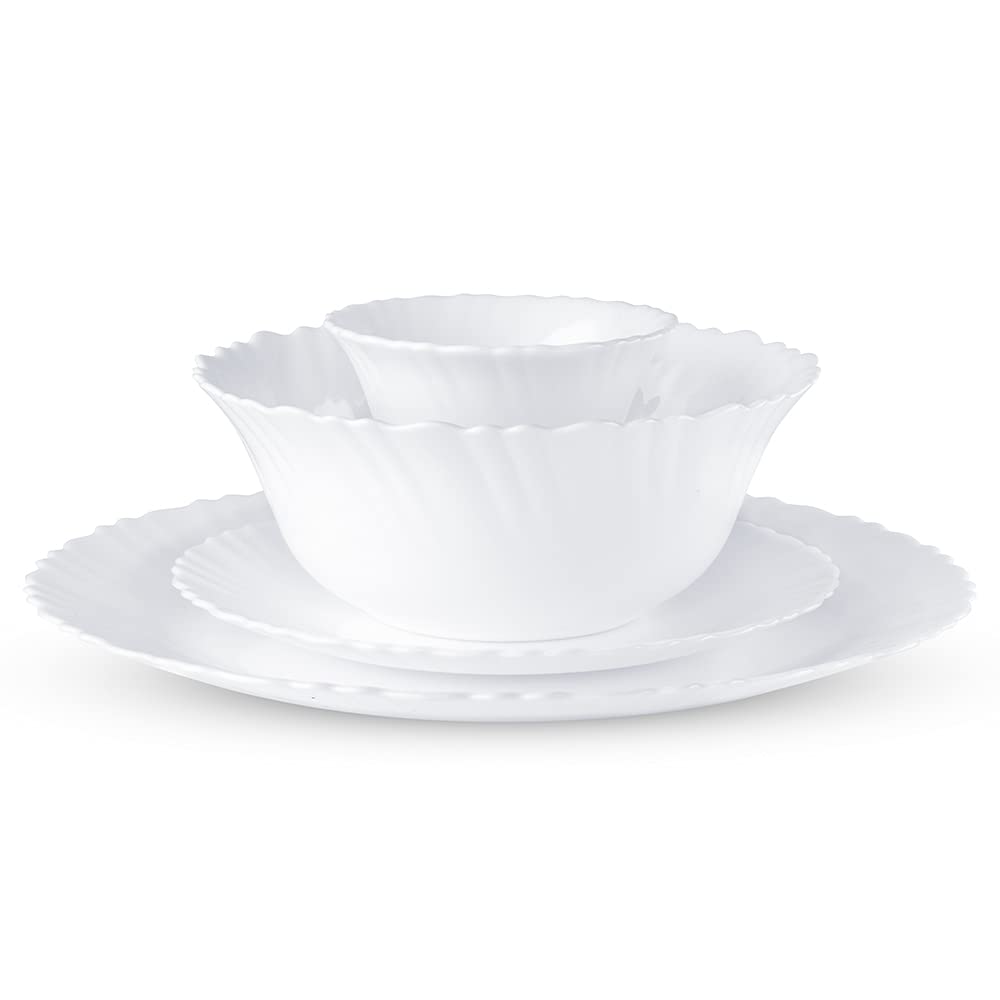 Larah by Borosil Plain White Silk Series Opalware Dinner Set | 47 Pieces for Family of 8 | Microwave & Dishwasher Safe | Bone-Ash Free | Crockery Set for Dining & Gifting | Plates & Bowls | Snow