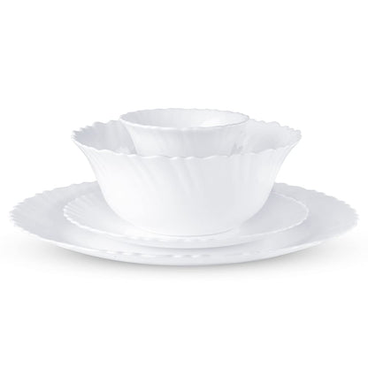 Larah by Borosil Plain White Silk Series Opalware Dinner Set | 47 Pieces for Family of 8 | Microwave & Dishwasher Safe | Bone-Ash Free | Crockery Set for Dining & Gifting | Plates & Bowls | Snow