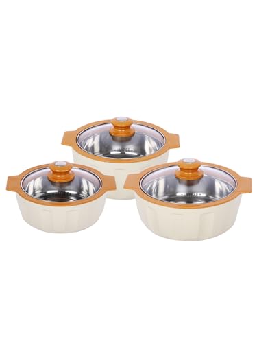 JAYPEE Glamerole Inner Stainless Steel Serving Casserole Set of 3 Toughened Glass Lid PUF Insulated Hot Box |Roti Box| Easy to carry | Food Grade | 800, 1200, 1500 ml, Ivory|B0DDCPPF3T