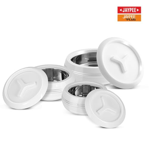 JAYPEE Teen Bhoj Inner Stainless Steel Casserole Set of 3|Lockable Lid|BPA Free|Roti Box|Easy to Carry|Food Grade| Rust Free Casserole for roti 1200,1500,2500 ml| Best for Gifting Purpose,Super White|B078H9VTN2