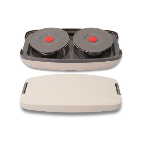 Jaypee Plus Hotpot Electric Lunch Box with 2 Removable Stainless Steel Containers 250 ml x2 with Power Cord |Air Vent on Lid |Leakproof Silicon Seal|LED Indicator |Shockproof | Beige|B0CX8X1BPX