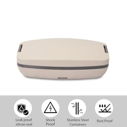 Jaypee Plus Hotpot Electric Lunch Box with 2 Removable Stainless Steel Containers 250 ml x2 with Power Cord |Air Vent on Lid |Leakproof Silicon Seal|LED Indicator |Shockproof | Beige|B0CX8X1BPX