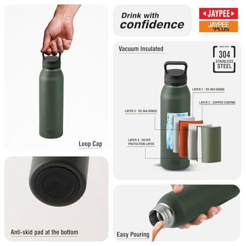 Jaypee Plus Gravitas Insulated Vacuum Stainless Steel Flask with Cup 620 ml Gift Set 2 Drinking Cup 250 ml Spilproof Mug with Non Slip Base & Airtight Lid Diwali Festival Gift Set, Green|B0FTZ527BP