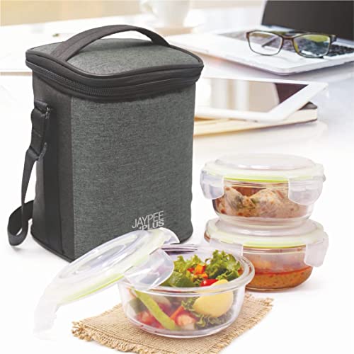 Jaypee Plus Klarozip Round 3 Microwave Safe Lunch Box for Office Glass Container Set of 3 (400+400+400) ml Transparent Leak Proof Tiffin Box|B0BR7XCWBJ
