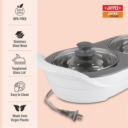 Jaypee Plus 1150 ml +1150 ml Stainless Steel Electric Casserole Set | Shockproof, Rustproof | 2 in 1 Electric Bowl for Food Warmer & Buffet Server - (White)|B0837PKWCK